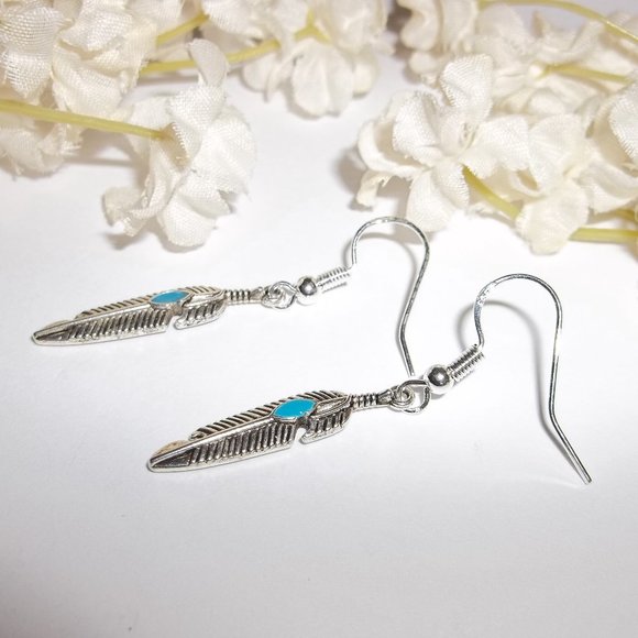 Silver & Turquoise Blue Feather Earrings Set 5374 - Picture 4 of 7